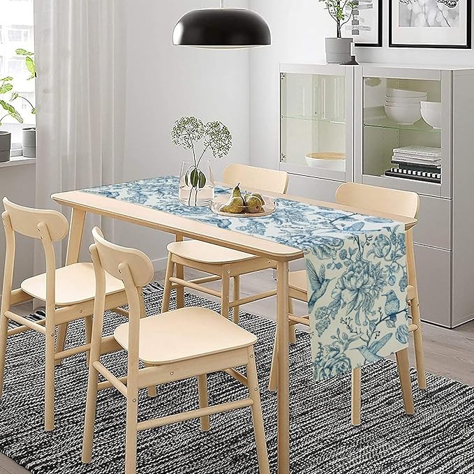 Blue White Table Runner Retro Monochrome Sketch Birds Flower Vintage Floral Kitchen Dining Table Decoration for Home Party Holiday 13"x108"