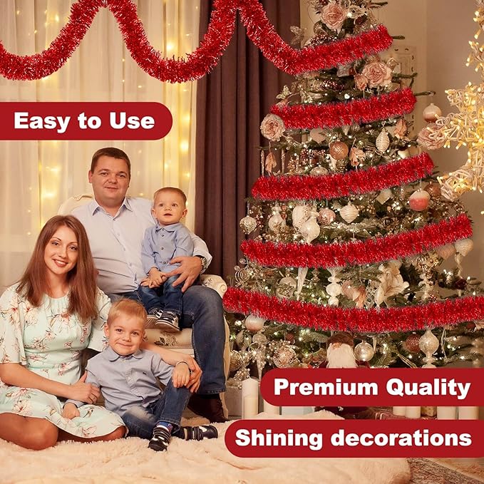 25 Feet Red Christmas Tinsel Garland, Metallic Foil Twist Banner Wall Hanging Tinsel Streamers Backdrop for Parade Floats, Christmas, Mother's Day, Birthday Party Decorations(4in x 25ft)