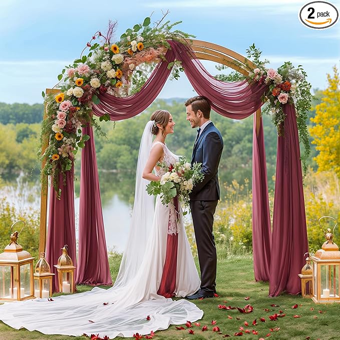 2 Panels Wedding Arch Draping Fabric Burgundy Sheer Backdrop Curtain Arch Drape for Wedding Ceremony Reception,Bridal Shower Party Decorations 28" X 19ft