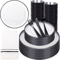NOCCUR 350PCS Clear and Black Plastic Plates - Disposable Dinnerware Set for 50 Guests Include 100 Dinner/Dessert Plates,150 Black Cutlery,50 Cups&50 Napkins Ideal for Party, Birthday, Halloween