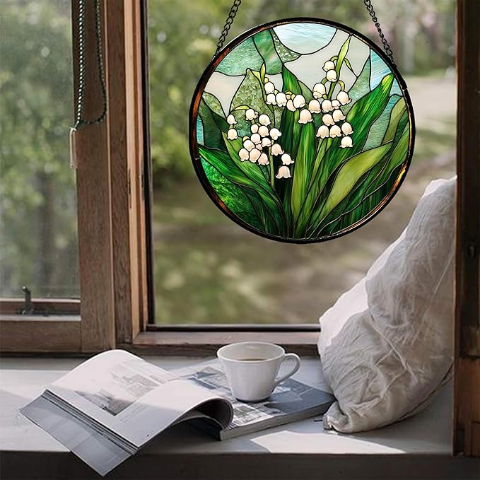 Stained Glass Window Hanging - White Green Lily of The Valley Suncatcher for Doors Garden Terrace Plant Sun Catchers Decor Mother's Day Birthday Flowers Gifts for Women Men Mom 15 in