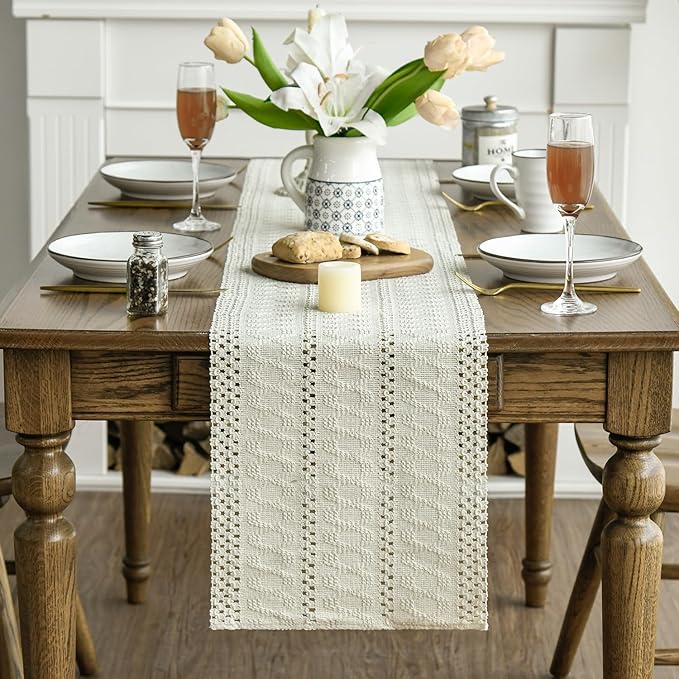 Artoid Mode Beige Farmhouse Woven Rustic Hollow Table Runner, Seasonal Holiday Hollow Kitchen Dining Table Decoration for Home Party Decor 12x60 Inch