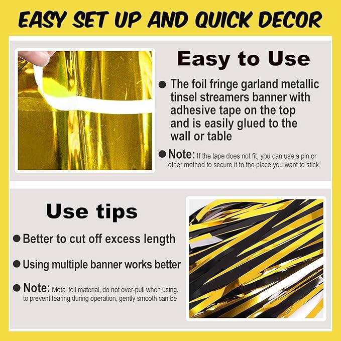 6 Pack 10 Ft Black and Gold Foil Fringe Garland Metallic Streamers Tinsel Banner Wall Hanging Garland Backdrop for Parade Floats, Halloween, Christmas, Thanksgiving, New Year Party Decorations