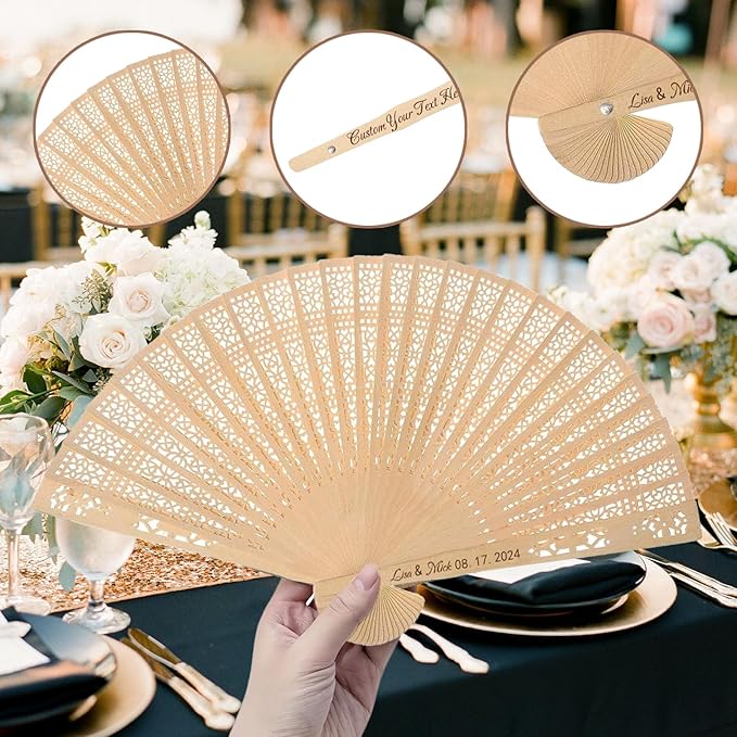 100Pcs Wedding Fans Personalized Folding Hand Fans Custom Sandalwood Wedding Fans with Organza Bags Wedding Party Favor Wedding Fans for Guests (100)