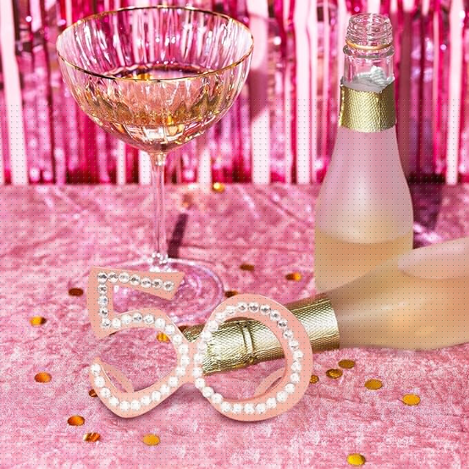 50th Birthday Glasses - 6 Pairs Rose Gold 50 Years Old Glasses with Rhinestones, Funny Plastic Costume Photo Booth Prop