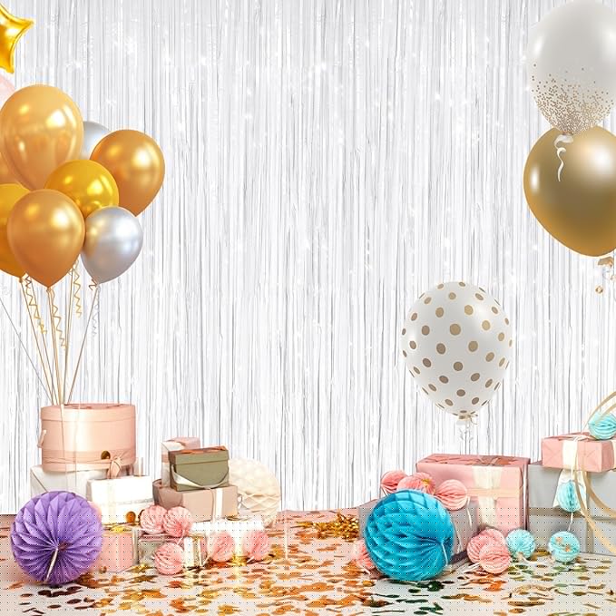2Pack White Metallic Tinsel Foil Fringe Curtains, White Streamer Backdrop Curtains for Birthday Party Decorations, Fringe Backdrop for Wedding Foil Curtain Backdrop for Bachelorette Party Disco Party