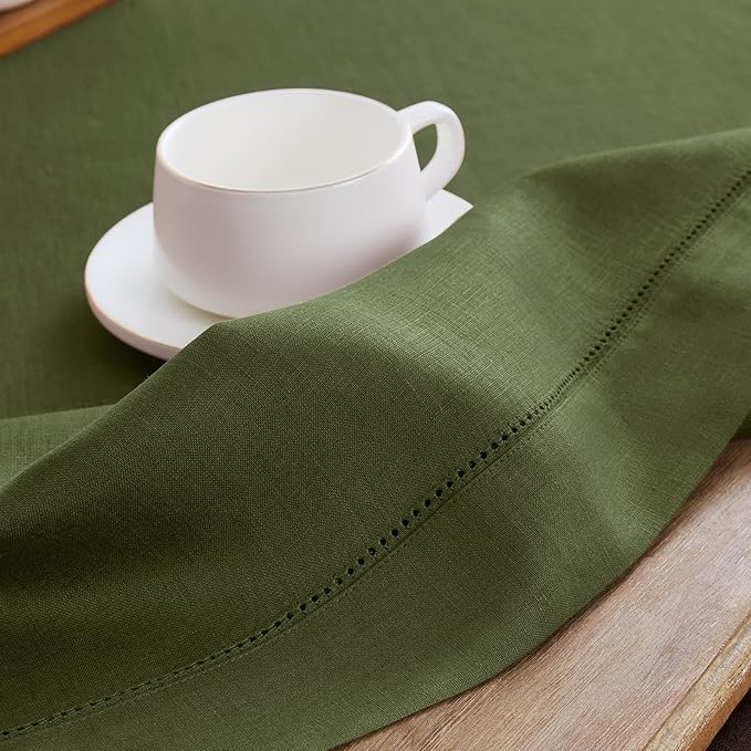 Solino Home Linen Olive Table Runner 144 Inches Long - 100% Pure Linen Extra Long Table Runner 14 x 144 Inch for Fall, Autumn, Thanksgiving - Classic Hemstitch