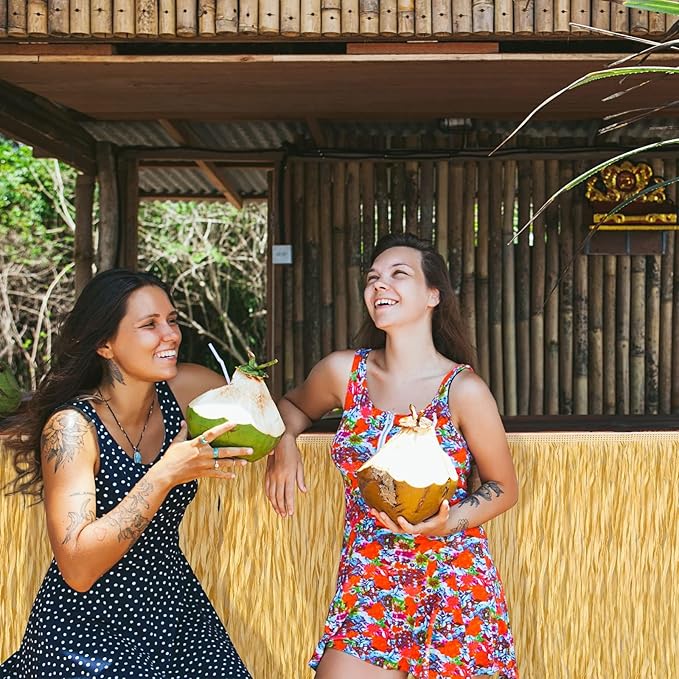Fovths 1 Pack Luau Grass Table Skirt Fringe Straw Grass Skirt 108 x 30 Inch Hibiscus Hawaiian Table Skirts Rectangle Tropical Luau Party Decorations for Hawaiian Luau Decorations