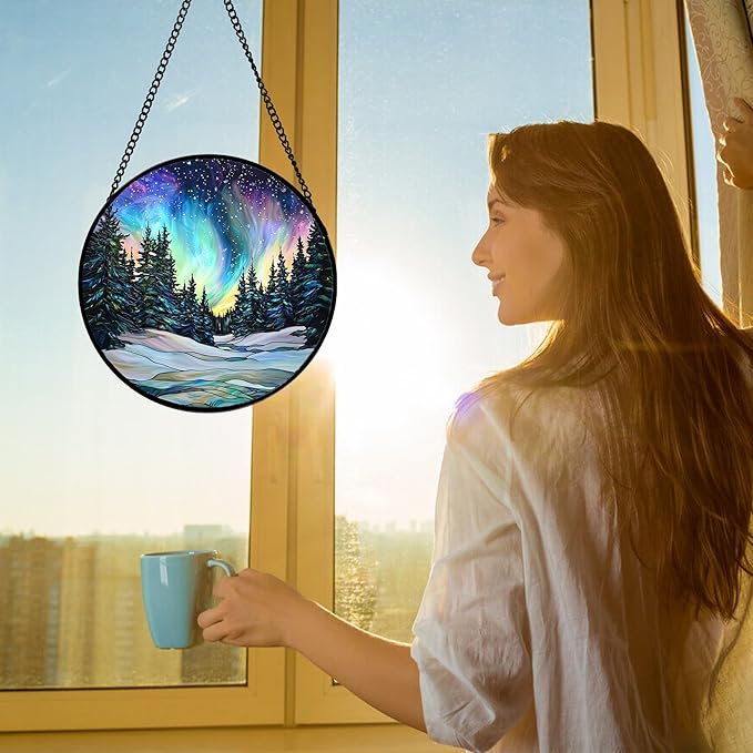 Stained Glass Window Hanging, Aurora Landscape Sun Catchers Glass Panel Green Trees Suncatcher Decor for Birthday for Women, Men, Wife, Aunt, and Mom 11.8x11.8 in