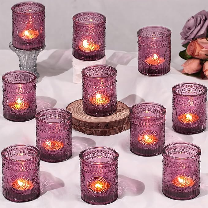DARJEN Purple Votive Candle Holders Set of 36- Glass Tea Light Candles for Purple Candles, Embossed Candle Votives for Wedding Table Centerpiece, Party & Home Decor