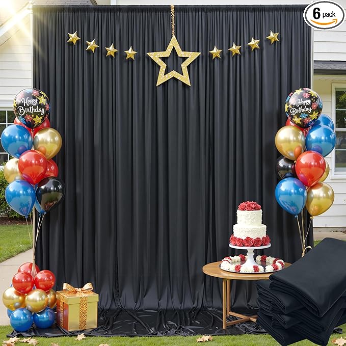 30x12ft Wrinkle Free Black Backdrop Curtain for Wedding Parties, 6 Panels 5×12 ft Long Soft Silky Polyester Fabric Backdrop Drapes Black Photo Back Drop Curtains for Party Photography Background Cloth