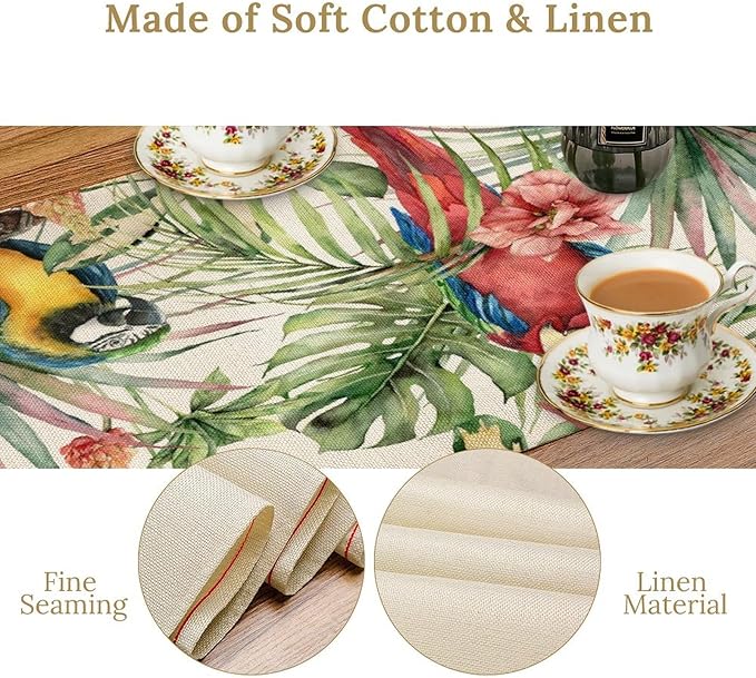 Parrot Table Runner,Tropical Palm Leaf Colorful Macaw Bird Watercolor Print Tablecloth Burlap for Hotel Indoors Outdoor Dining Room Kitchen Home Decor,W13X L70 in