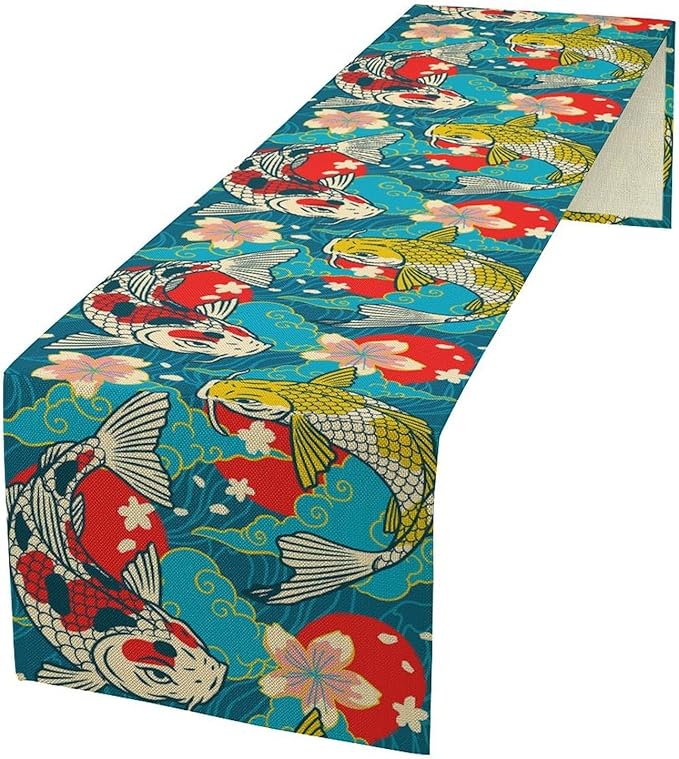 Japanese Kio Fish Table Runner Oriental Tradition Cherry Art Printed Burlap Runner Home Kitchen Dining Table Living Room Decor Fabric 1 Panel W13xL120in