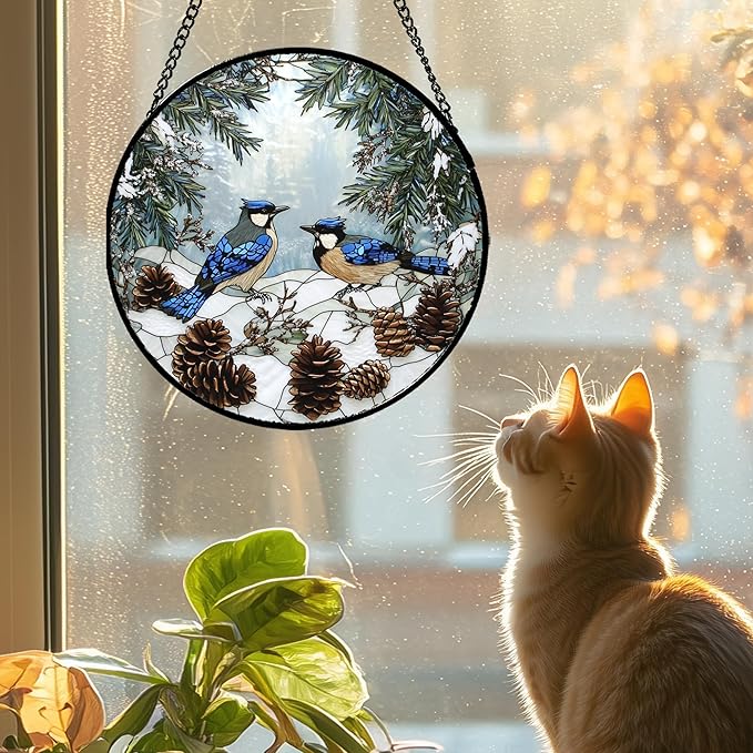 Stained Glass Window Hanging - Blue Bird Winter Forest Landscape Suncatcher for Door Garden Yard Sun Catchers Decor Christmas Mother's Day Birthday Gifts for Women Mom Nana Friend 6.3 in