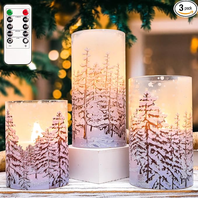 Silverstro Christmas Tree Flameless Candles with Remote Control & Timer Function, Real Wax Glass Candles, Home Party Wedding Holiday Xmas Decor, Set of 3