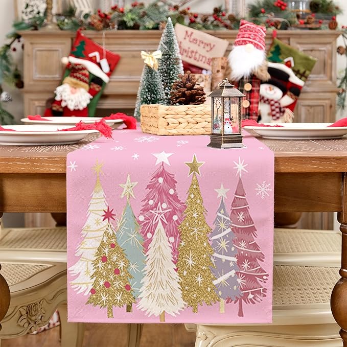 GEEORY Christmas Table Runner 13x48 Inch, Xmas Trees Snowflakes Holiday Decorative Farmhouse Table Decoration for Kitchen Dinning, Indoor Outdoor Dinner Party Decor (Pink) GT153-48