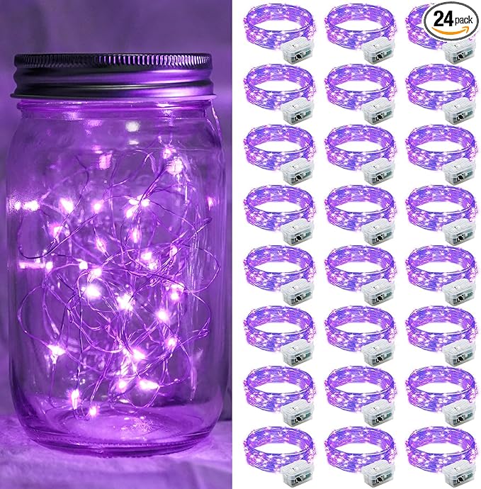 24 Pack Purple Fairy Lights 7Ft 20 LED Twinkle String Lights 3 Modes Battery Operated Waterproof Firefly Starry for Mason Jar Party Wedding Christmas Valentines Day Table Centerpieces