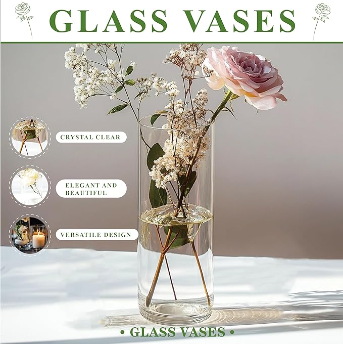 60pcs Cylinder Glass Vase for Centerpieces, 4,6,7.5,8,10 inch Tall Clear Flower Vase Bulk Floating Candle Holder for Wedding Table Home Décor and Party