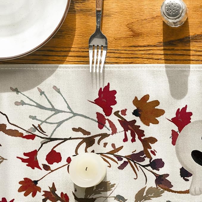 Artoid Mode Ghost Flowers Leaves 210 GSM Halloween Table Runner,Seasonal Fall Kitchen Dining Table Decoration for Home Party Decor 13x48 Inch