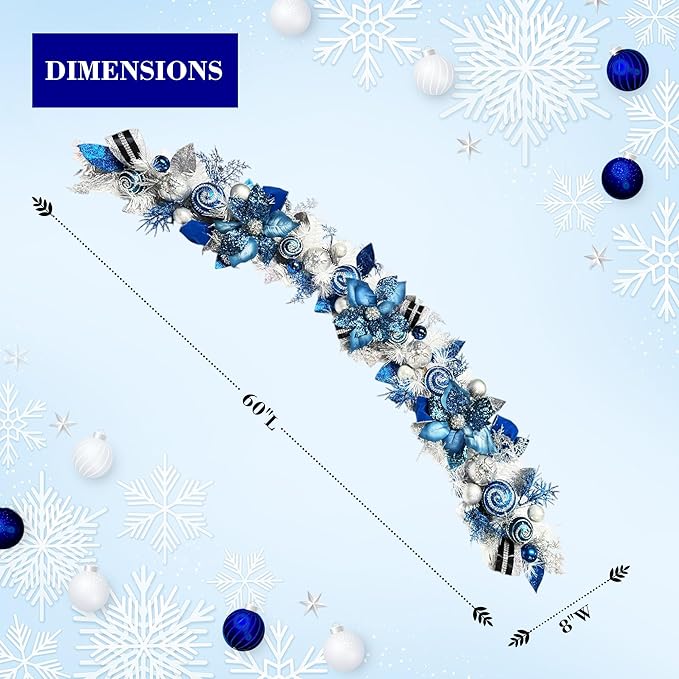5 ft Christmas Garland for Mantle Unlit Garland for Stairs Railing, Banister, Staircase, Fireplace, for Table No Light, Garland Decor Frosted Red Poinsettia Holiday Tree (Lux Blue Silver)