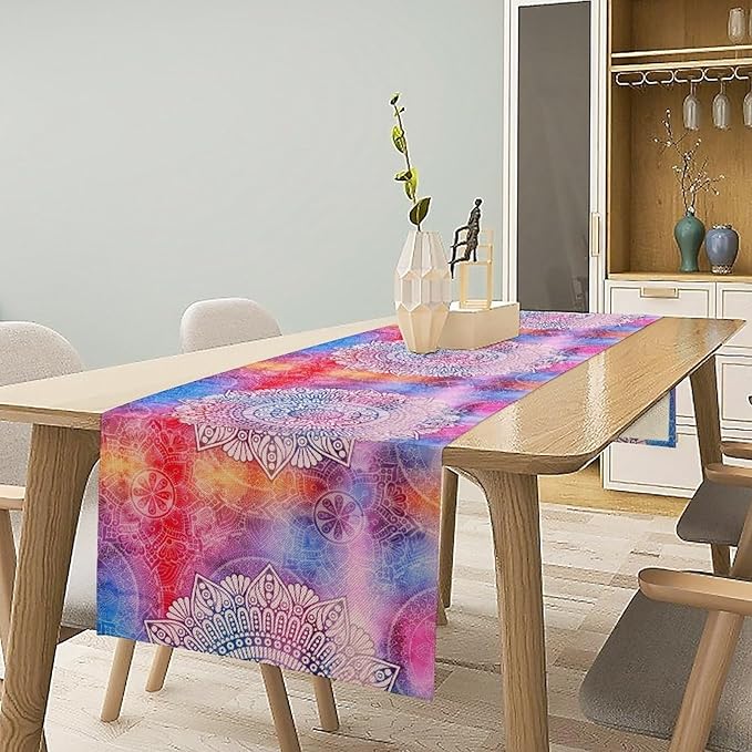 Vintage Mandala Table Runner, Bohemian Indian Purple Starry Colorful Floral Print Table Runner for Home Kitchen Dining Table Party Decor, 13x90inch