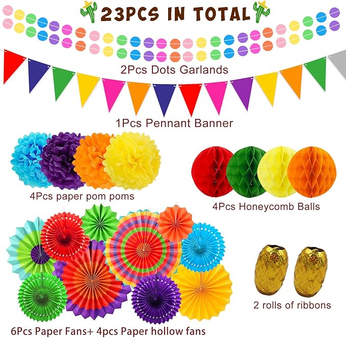 Colorful Birthday Decorations - Mexican Fiesta Party Decorations with Paper Fans, Paper Pom Poms,Dots Garland, Pennant Banner, Honeycomb Balls Packs