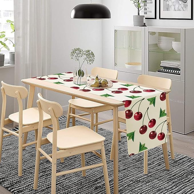 Red Cherry Table Runner Watercolor Tropical Fruit Spring Summer Wild Berry Dinner Runner for Girl Baby Party Holiday Home Kitchen Dining Table Decor 13x108