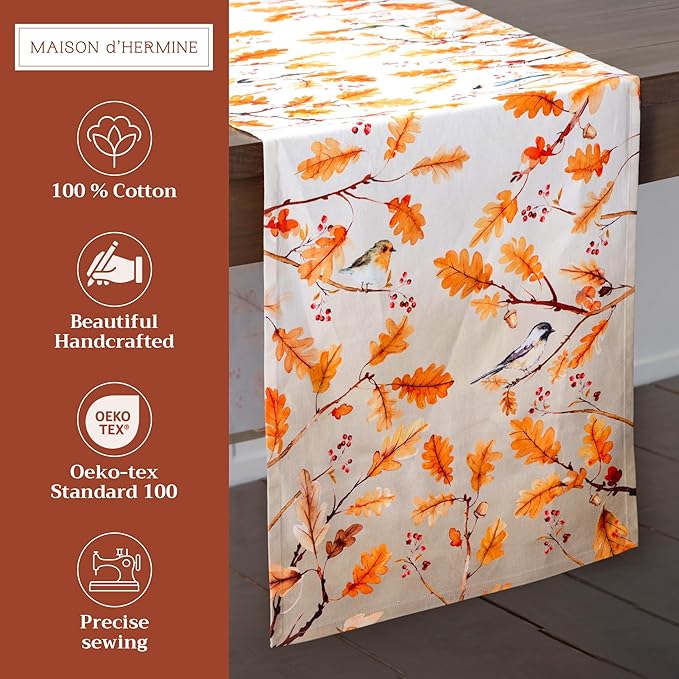 Maison d' Hermine Table Runner 100% Cotton Single Layer Table Runners 108 inches Long for Thanksgiving Christmas Decorations Home Kitchen Dining Party Wedding (Oak Leaves, 14.5" x 108")
