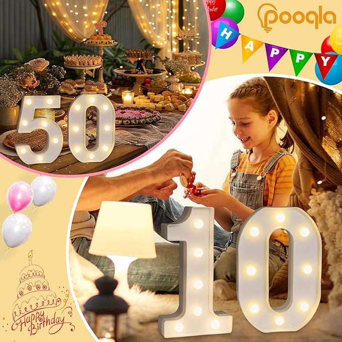 Pooqla Decorative LED Light Up Number Letters, White Plastic Marquee Number Lights Sign for Wedding Decor, Battery Operated (27)