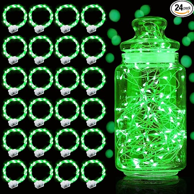 Aogist 24 Pack Fairy Lights 3 Modes 7ft 20 LED Waterproof,Battery Operated Silver Wire Firefly Starry Moon Mini String Lights for Mason Jars Christmas DIY Crafts Wedding Party Bedroom,Green