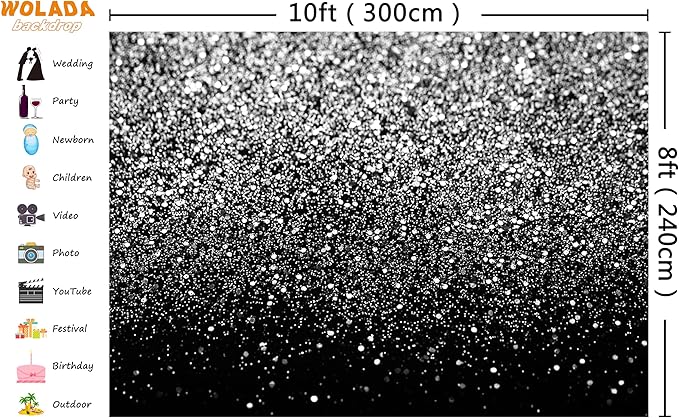 WOLADA Black and Silver Backdrop Silver Glitter Backdrop for Photography Wedding Birthday Baby Shower Party Photo Studio 10x8FT FW18