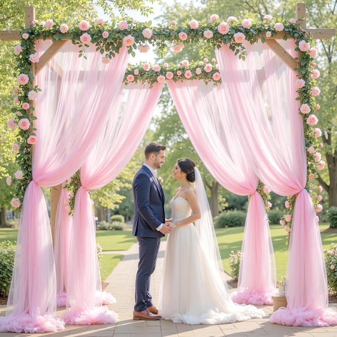 Wedding Arch Draping Fabric Backdrop 2 Panel 30" x 19Ft Pink Drapes Curtains for Wedding Reception Sheer Tulle Backdrop Curtain for Ceremony Birthday Party Baby Shower Arbor Ceiling Decorations