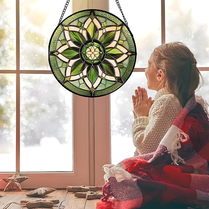 Stained Glass Window Hanging - White Green Boho Flower Suncatcher for Doors Window Home Sun Catchers Decor Christmas Mother's Day Birthday Gifts for Teacher Women Men Mom Nana 7.8 in