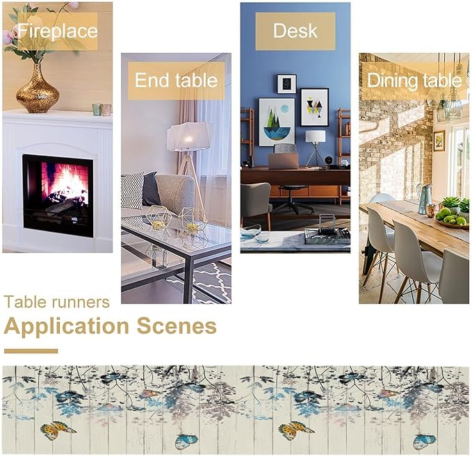 Nature Dandelion Table Runner,Rustic Floral Wood Plank Butterfly Girl Women Pattern Print Burlap Tablecloth for Hotel Indoors Outdoor Dining Room Kitchen Table Decor, 13x70in