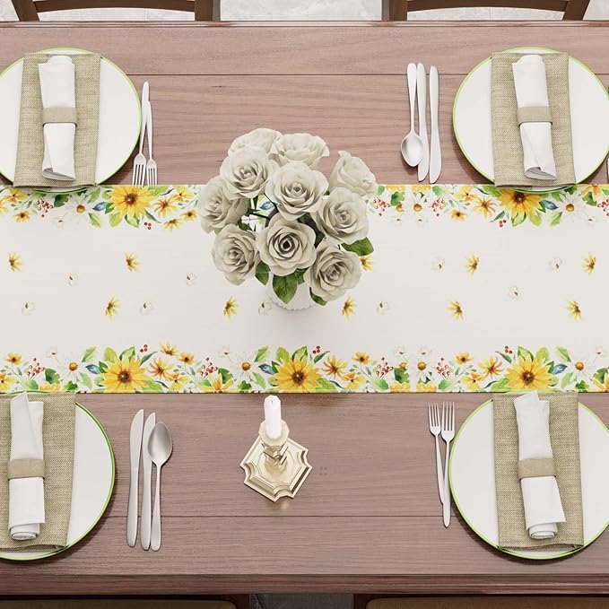XCHI Yellow White Daisies Flowers Gnomes Spring Table Runner Burlap Table Decoration for Summer Seasonal Home Kitchen Dining Dinner Indoor Holiday Farmhouse Decor 13x120 Inch