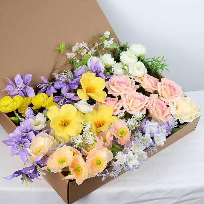Artificial Flowers Bouquets for Bridal Wedding Home Decor Fake Floral Arrangements for Party Table Centerpieces DIY Silk Flower Set Spring Summer Indoor Outdoor (Combo Pink/Yellow)