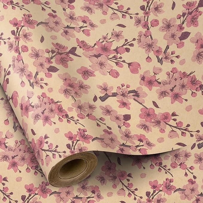 RUSPEPA Cherry Blossom Wrapping Paper Roll for Women Girls, Mini Roll, Pink Sakura Floral Kraft Gift Wrap Paper Perfect for Spring, Wedding, Birthday and Special Occasions, 17 Inches x 16.4 Feet