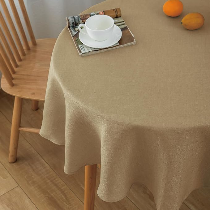 NLMUVW Round Linen Tablecloth 48 Inch, Tan Table Cloth Farmhouse Water Resistant Decorative Table Cover for Dining Kitchen Cafe Party