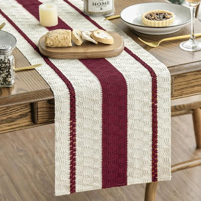 Artoid Mode Red Farmhouse Woven Rustic Table Runner, Seasonal Holiday Hollow Kitchen Dining Table Decoration for Home Party Decor 12x72 Inch