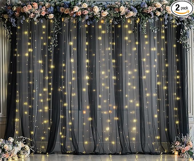 10ft x 10ft Black Tulle Photo Backdrop Curtain with Lights String for Parties Sheer Black Curtain Backdrop for Birthday Party Baby Shower Wedding Photo Booth Photography Background Decorations