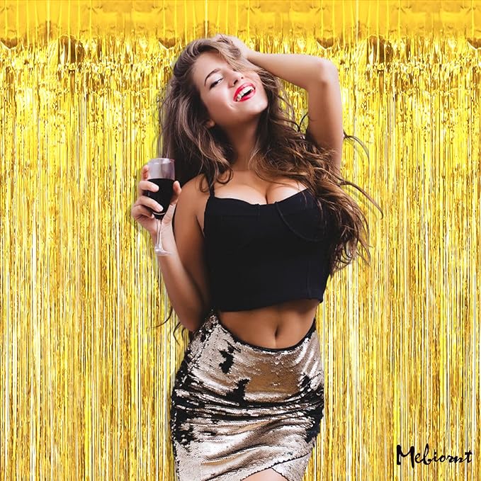 4 Pack Gold Fringe Curtain Backdrop, 3.2Ft x 6.6Ft Metallic Tinsel Foil Fringe Streamers Background for Photo Booth Birthday Wedding Baby Shower Carnival Easter Mother’s Day Party Decorations