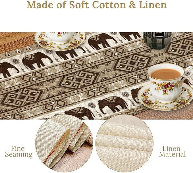 Ethnic Table Runner, Rustic Farmhouse Boho Indian Bohemian Elephant Aztec Tribal Print Beige Table Center Decor for Home Kitchen Dining Patio Holiday Party Indoor Table Decorations, 13"x36" Inch