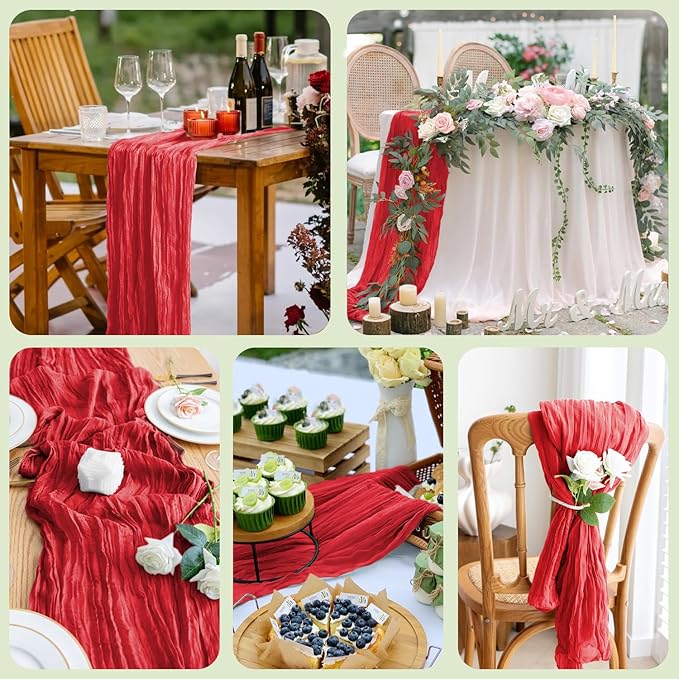 Asee'm 4PCS Fall Table Runner Cheesecloth 10FT Red Boho Gauze Fabric Rustic Sheer Cheese Cloth Runners for Thanksgiving Christmas Wedding Bridal Shower Party