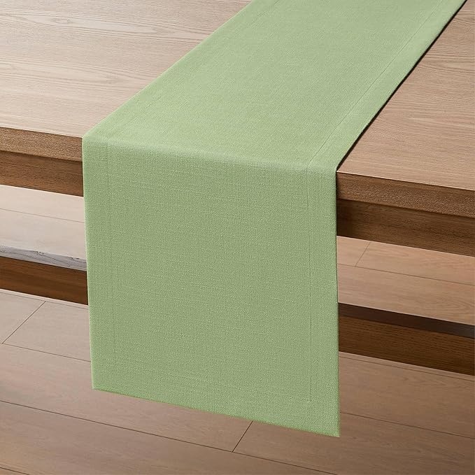 ZeeMart Linen Textured Border Table Runner, 14 x 108 Inch Green, Farmhouse Style Sage Green Table Runners 108 Inches Long, Easy Care Everyday Polyester Table Runner