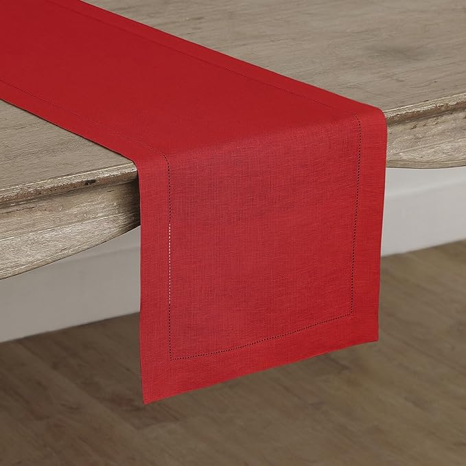 Solino Home Linen Red Table Runner 132 Inches Long - 100% Pure Linen Extra Long Table Runner 14 x 132 Inch for Christmas, Holiday - Classic Hemstitch
