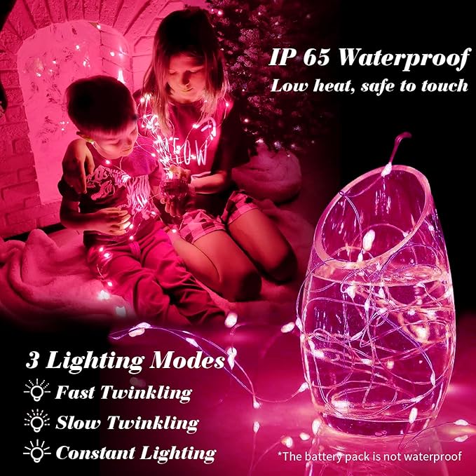 ZGWJ 24 Pack Fairy Lights Battery Operated, 7ft 20 Mini LED Fairy String Lights Silver Wire 3 Modes for DIY, Parties, Wedding, Bedroom, Halloween Christmas Decoration Pink