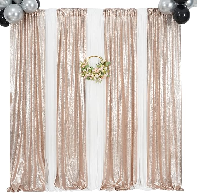 Poise3EHome Champagne Sequin Backdrop Curtains,4 Panels 2FTx8FT Glitter Background for Party Birthday Party Baby Shower Wedding Christmas Thanksgiving Holiday Festival Decor