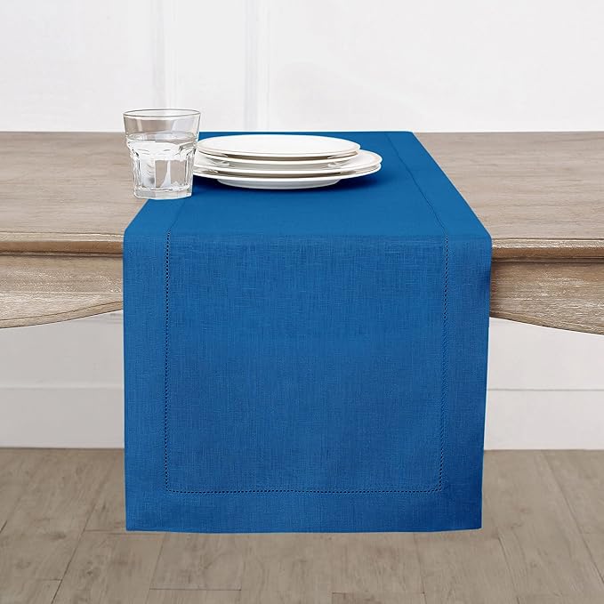 Solino Home Linen Indigo Blue Hemstitch Table Runner 60 Inches - 100% Pure Linen Small Table Runner 14 x 60 Inch Ideal for Dresser and Coffee Tables - Classic Hemstitch - Fall, Autumn, Halloween