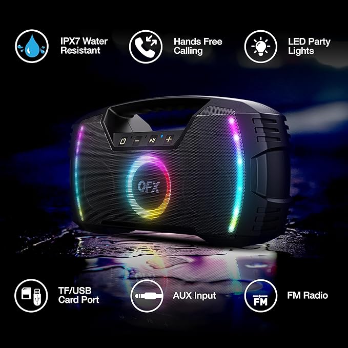 Powerful & Portable Waterproof All Terrain Bluetooth Speaker with Deep Bass, LED Party Lights, Fast USB-C Charging, FM Radio, AUX – QFX BT-ZX35