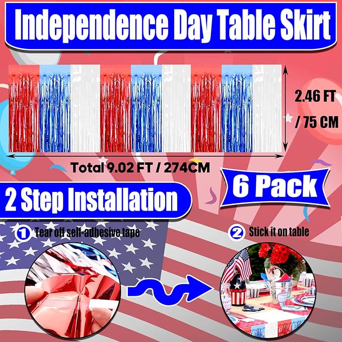 6 Pack 29x108 Inch Red Blue White Metallic Foil Fringe Tinsel Table Skirts for Rectangle Tables Streamer Curtains Backdrop for Wedding, Birthday, Parade Floats, Independence Day Party Decoration